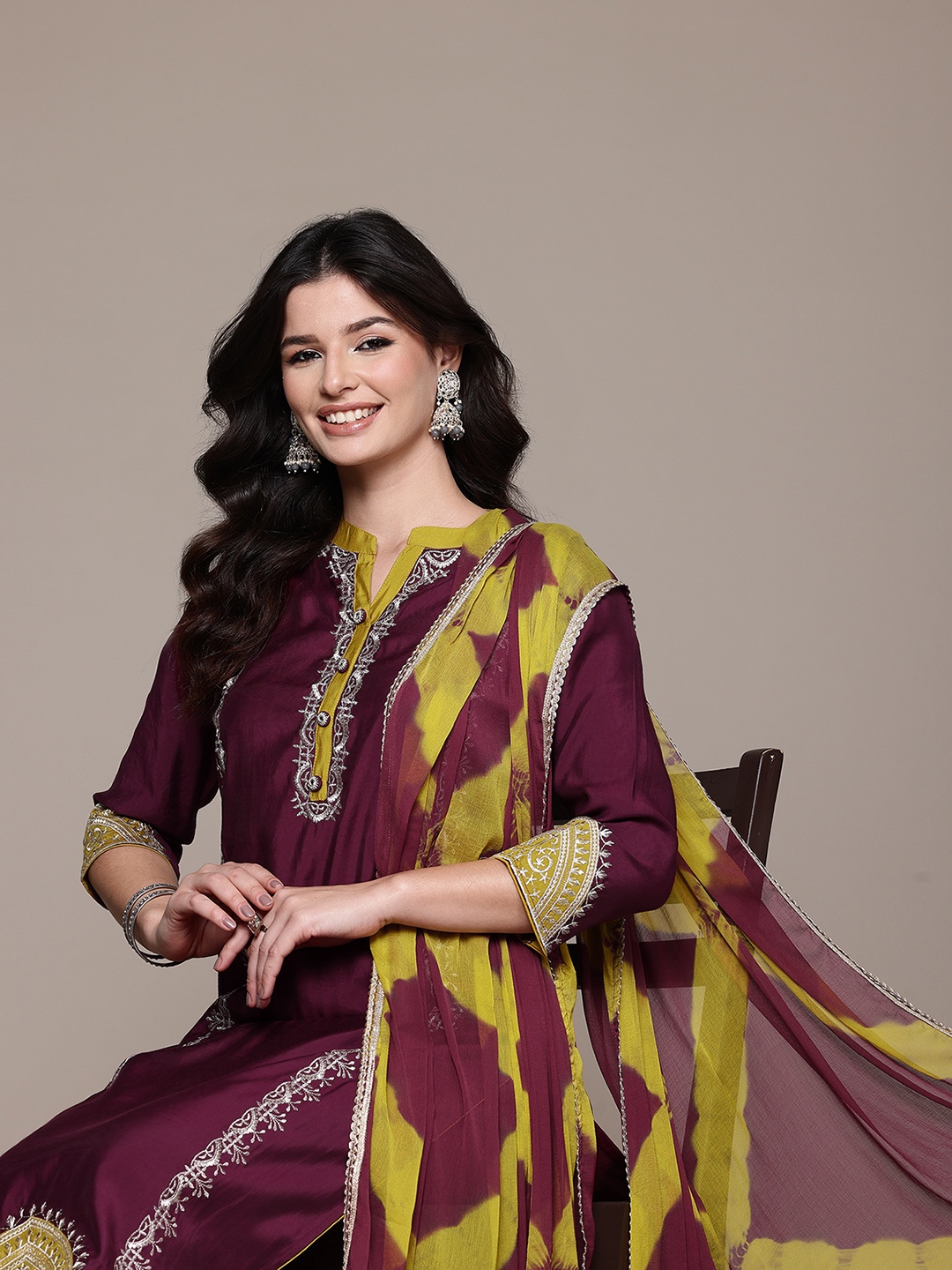 

Readiprint Floral Embroidered Patchwork Pure Silk Kurta with Trousers & Dupatta, Burgundy