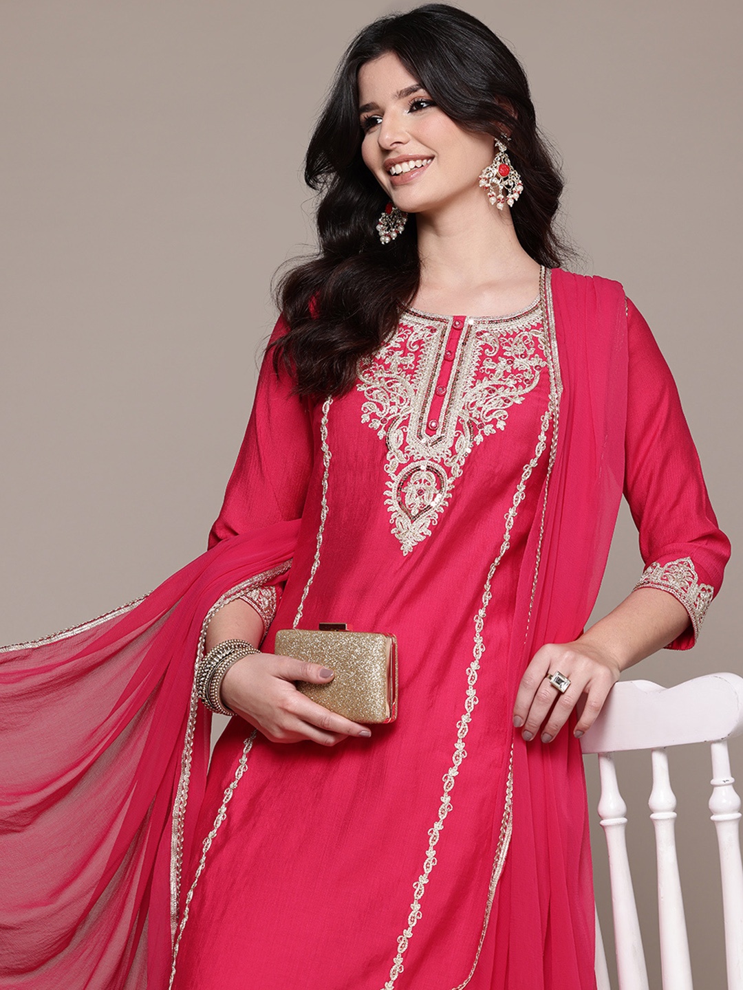 

Readiprint Paisley Embroidered Regular Kurta with Trousers & With Dupatta, Magenta