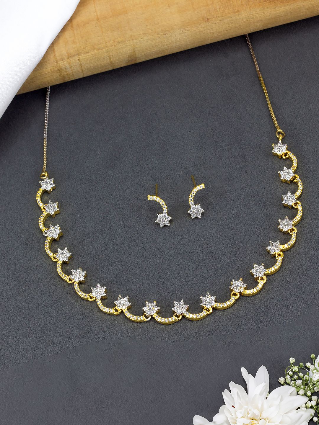 

PRIVIU Gold-Plated AD Stone-Studded Jewellery Set