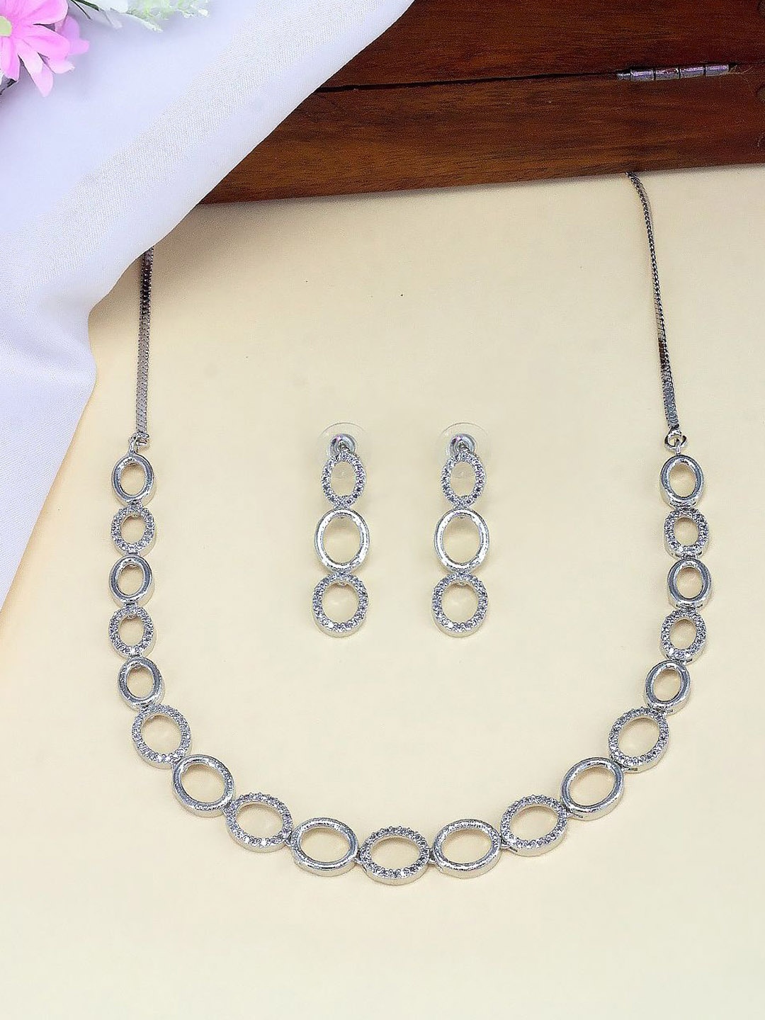 

PRIVIU Rhodium-Plated American Diamond Stone-Studded Jewellery Set, Silver