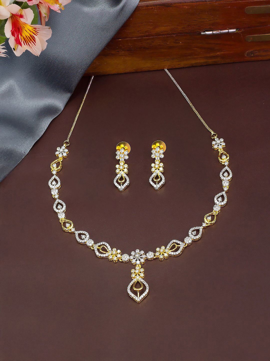 

PRIVIU Gold-Plated American Diamond-Studded Jewellery Set