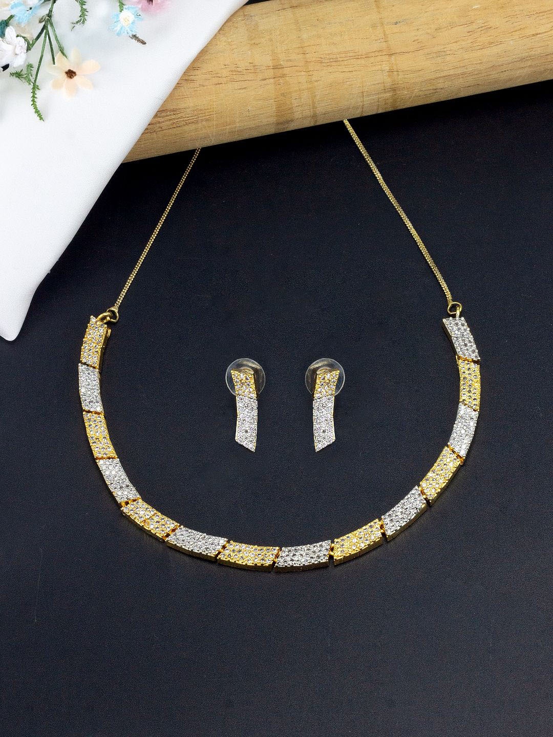 

PRIVIU Gold Plated American Diamond Studded Jewellery Set