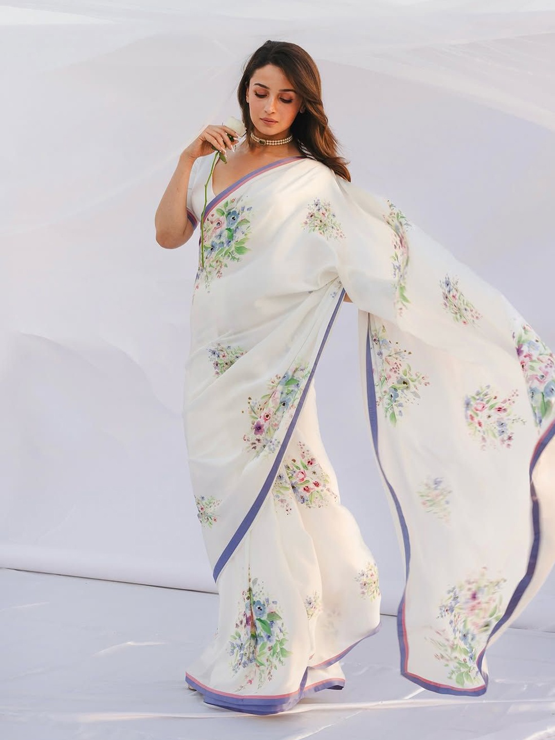 

White World Floral Satin Saree