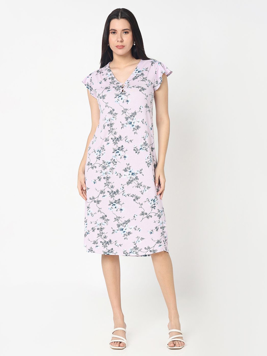 

R&B Women Cotton V-Neck Floral Printed Dress, Pink