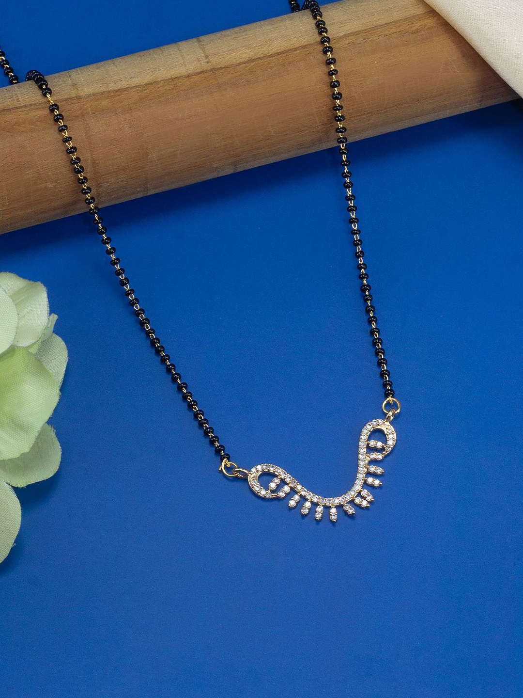 

PRIVIU Gold-Plated American Diamond-Studded & Beaded Mangalsutra