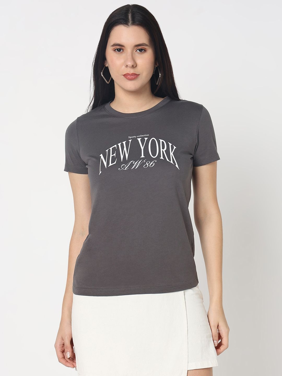 

R&B Women Varsity Printed Round Neck Cotton T-shirt, Grey
