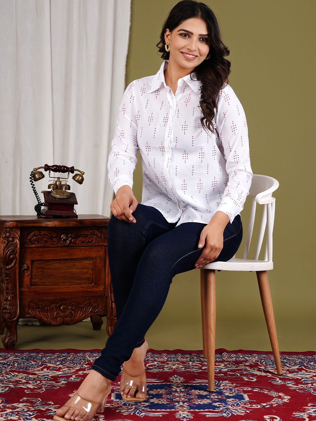 

BAESD Women Spread Collar Geometric Printed Cotton Casual Shirt, White