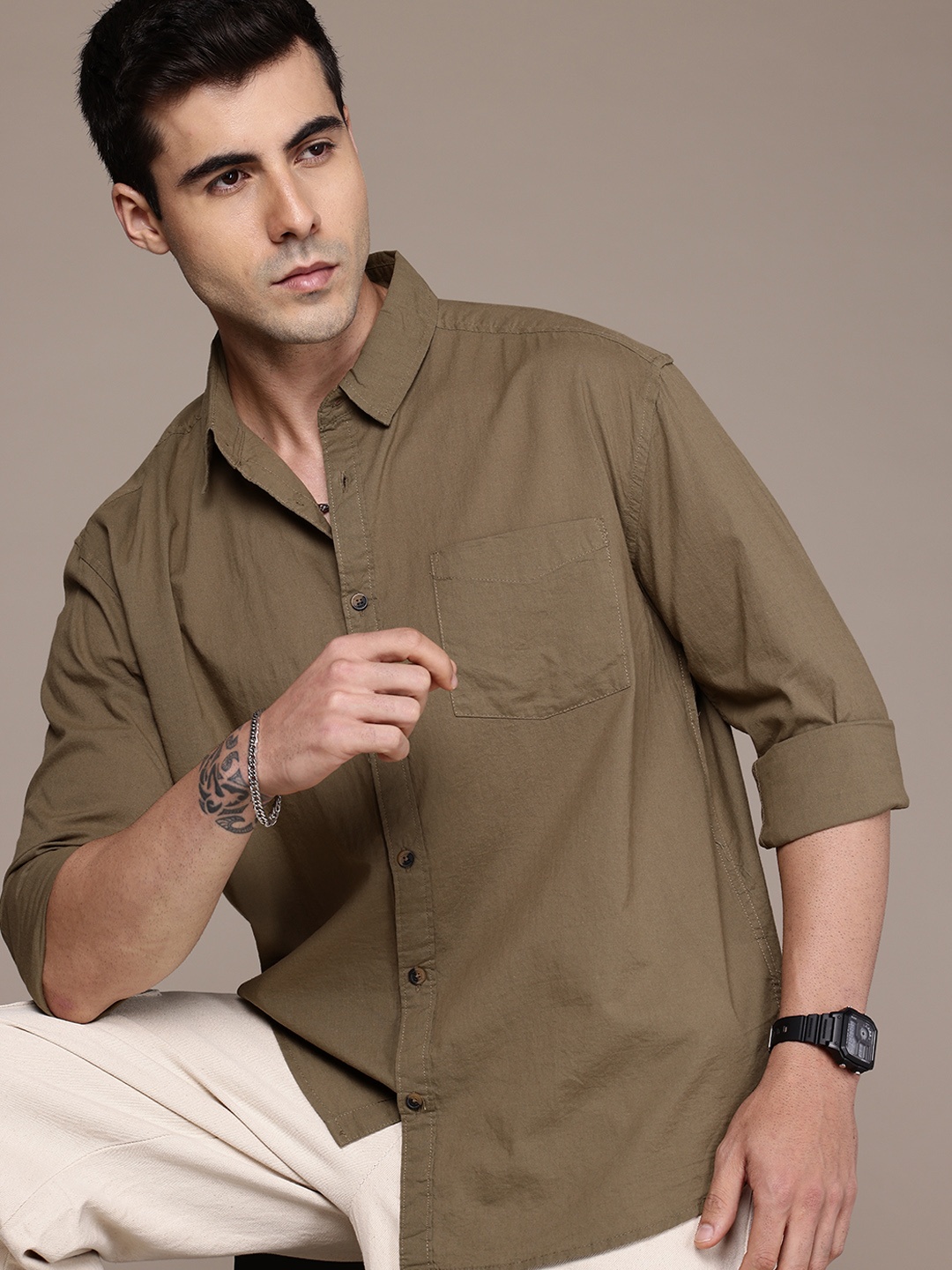 

The Roadster Life Co. Pure Cotton Relaxed Fit Casual Shirt, Olive