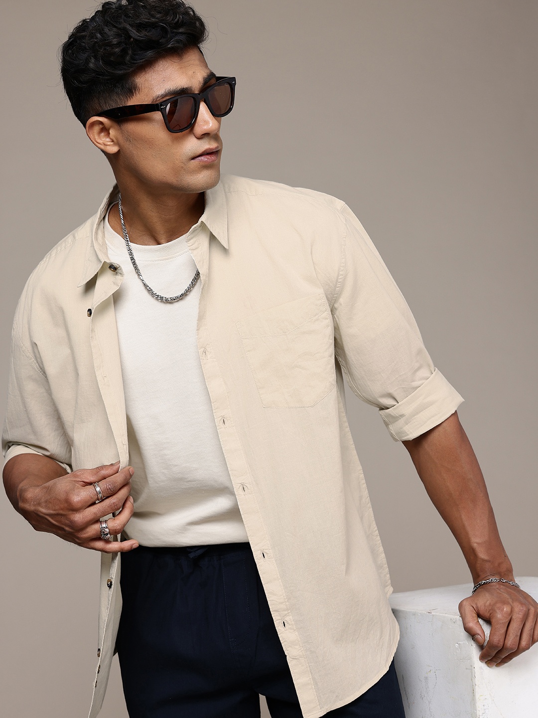 

The Roadster Life Co. Relaxed Fit Drop-Shoulder Sleeves Pure Cotton Casual Shirt, Beige