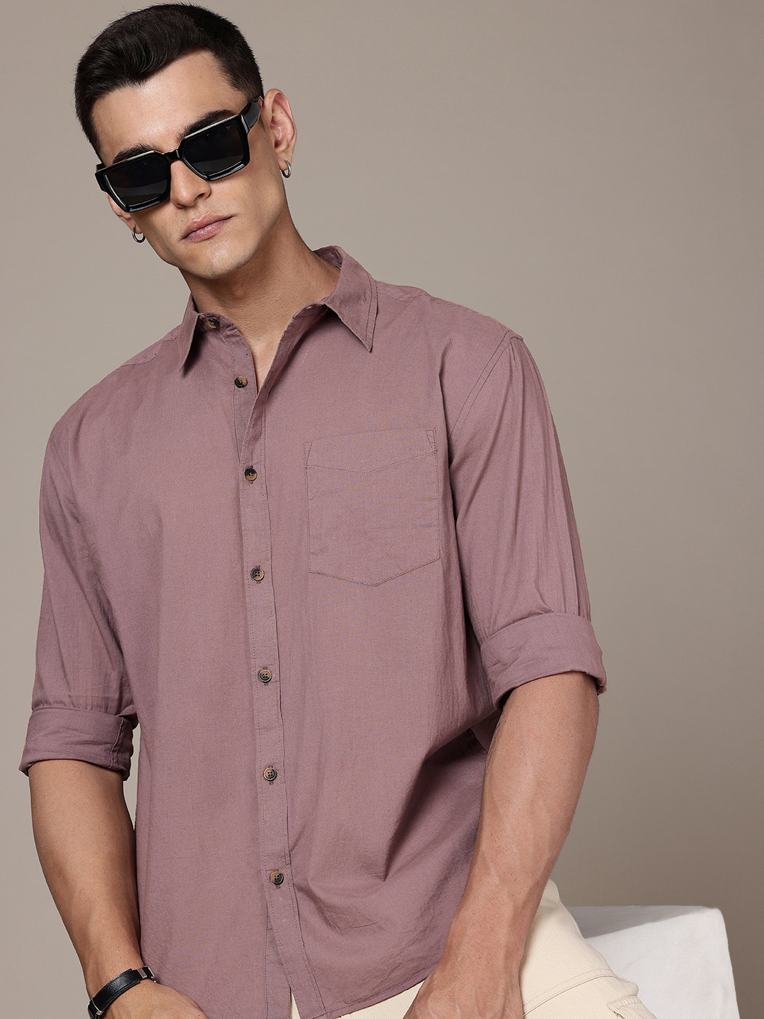 

The Roadster Life Co. Relaxed Fit Drop-Shoulder Sleeves Pure Cotton Casual Shirt, Mauve