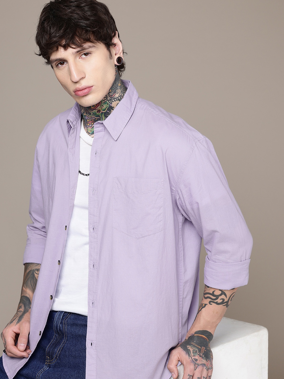 

The Roadster Life Co. Relaxed Fit Drop-Shoulder Sleeves Pure Cotton Casual Shirt, Purple