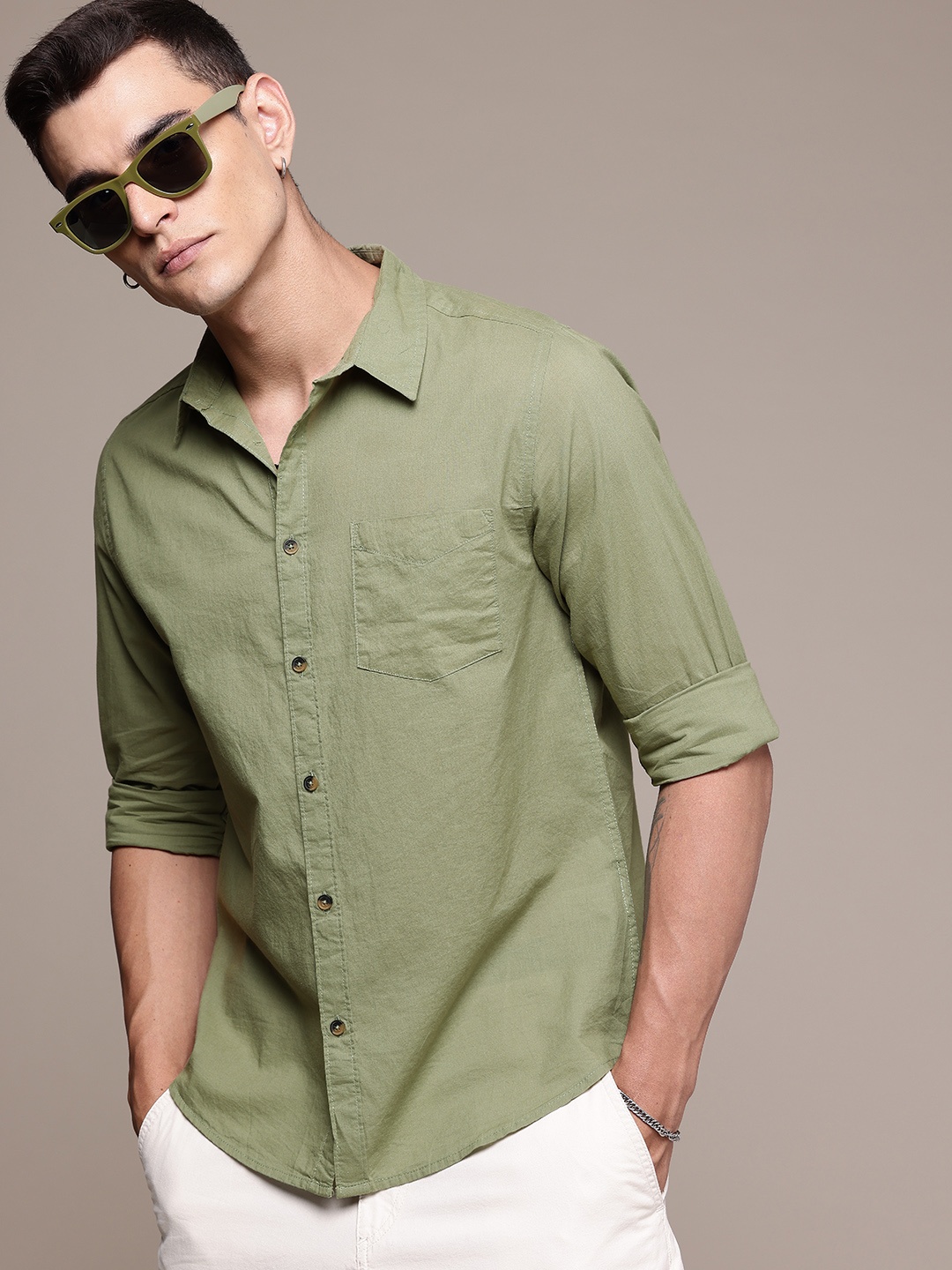 

The Roadster Life Co. Pure Cotton Casual Shirt, Green