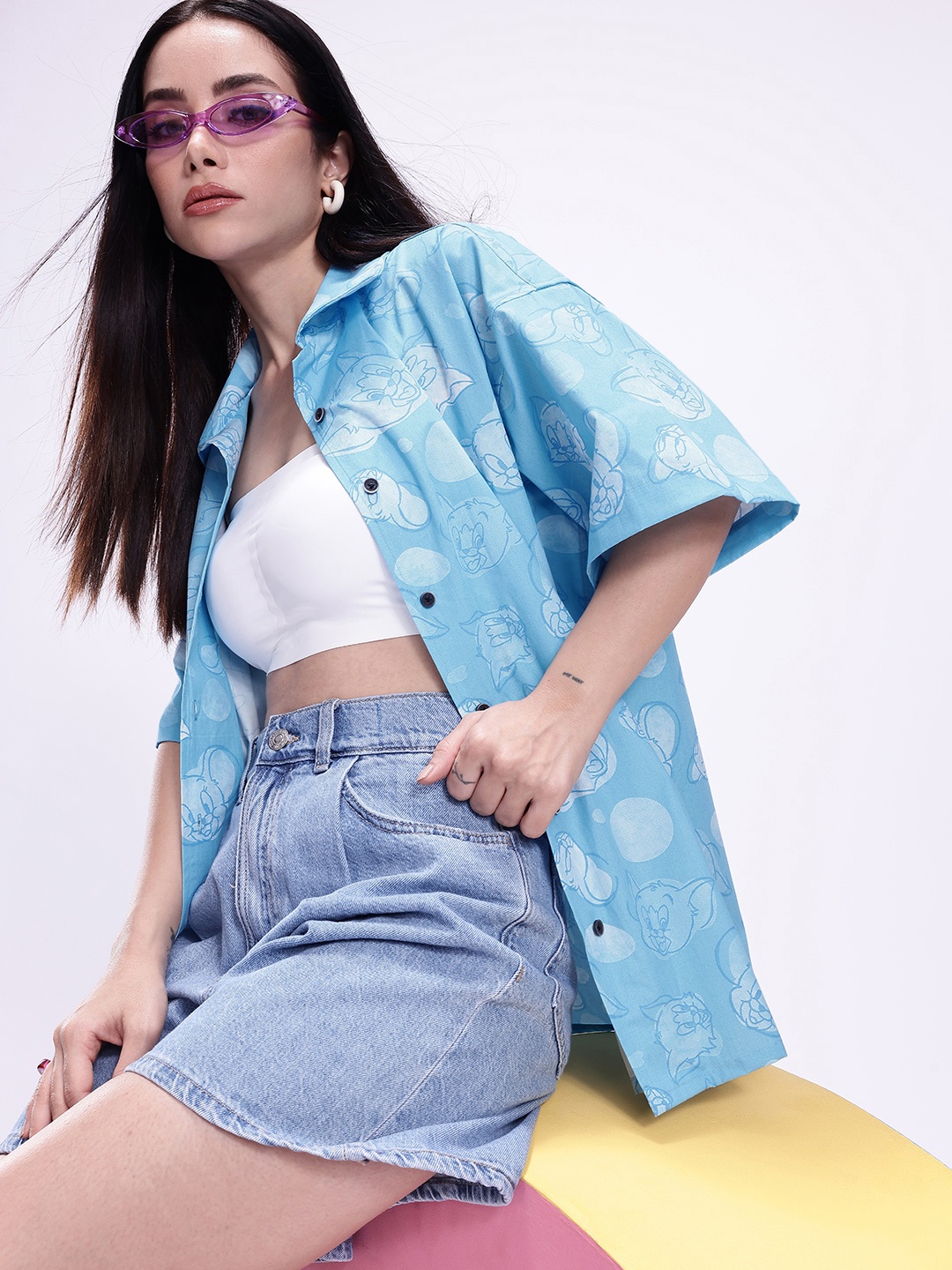 

Kook N Keech Oversized Tom & Jerry Graphic Printed Opaque Pure Cotton Casual Shirt, Blue