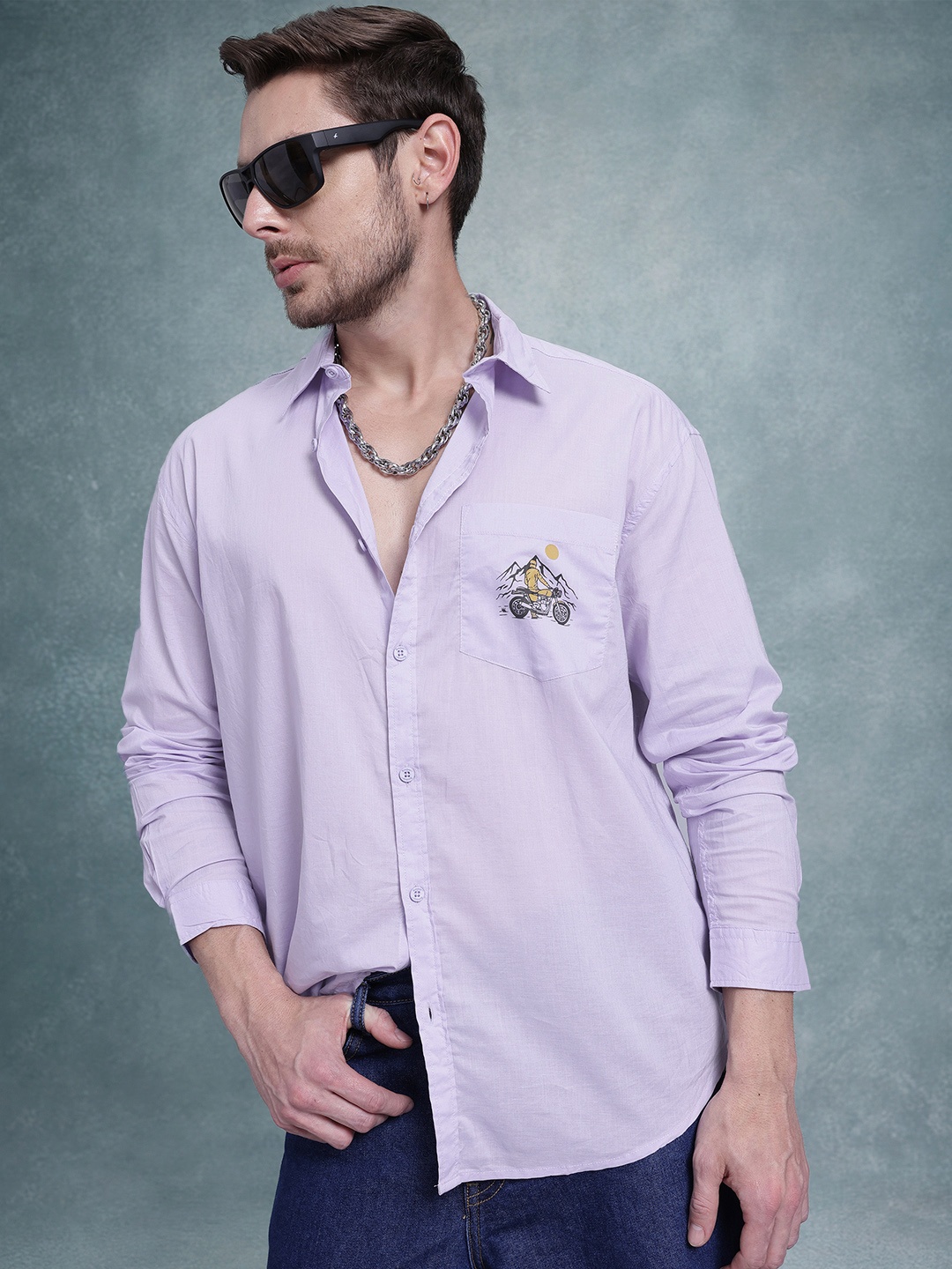 

The Roadster Life Co. Drop Shoulder Sleeves Printed Pure Cotton Shirt, Purple