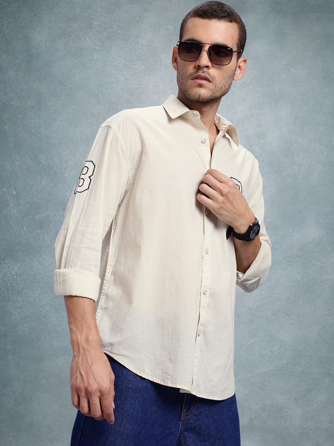 

The Roadster Life Co. Cotton Embroidered Detail Relaxed Fit Casual Shirt, Beige