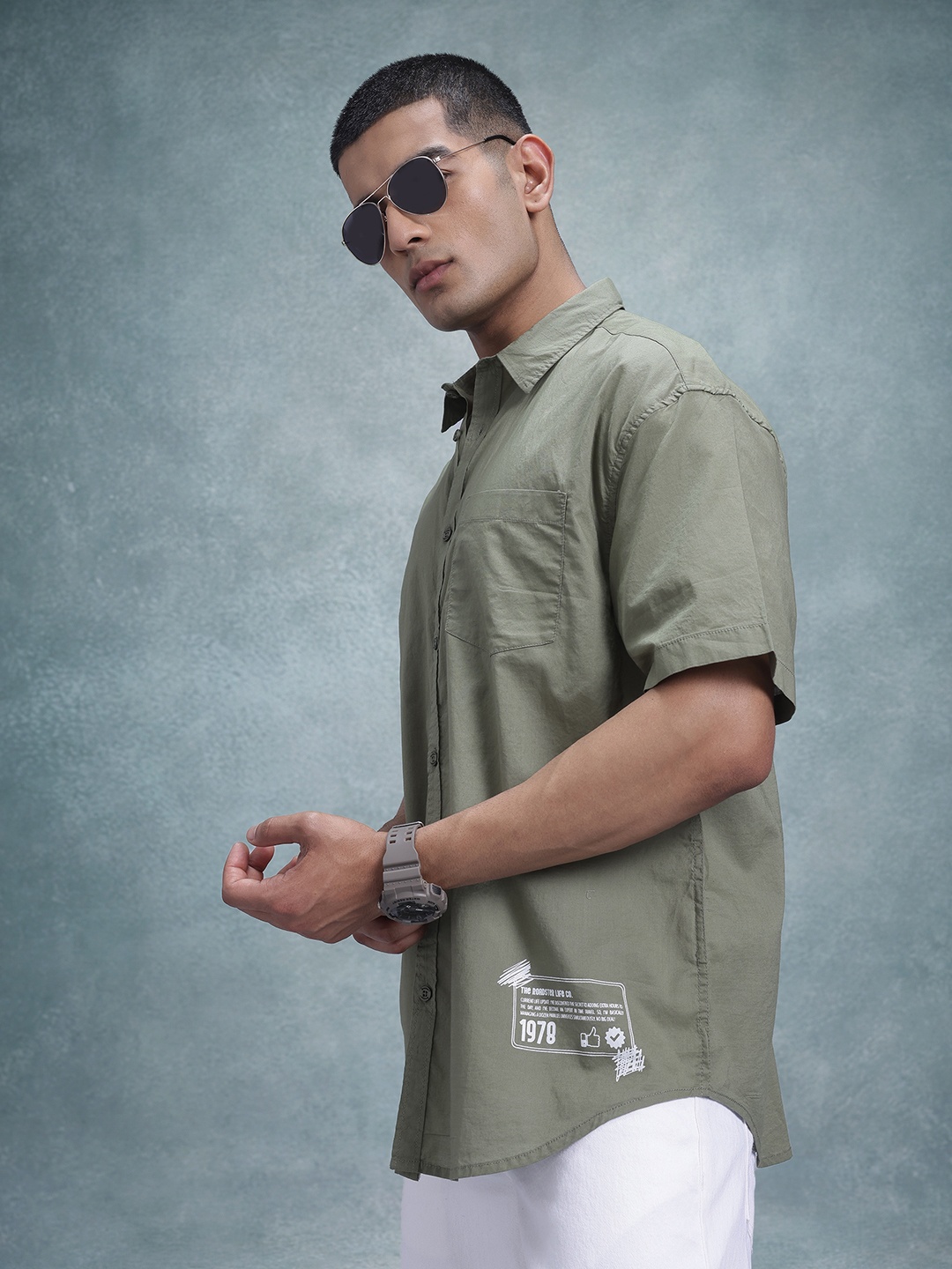 

The Roadster Life Co. Relaxed Fit Typography Detail Pure Cotton Casual Shirt, Olive