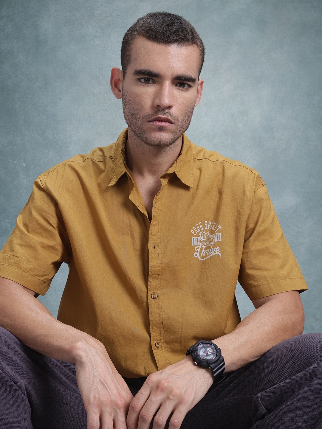 

The Roadster Life Co. Relaxed Fit Typography Print Pure Cotton Casual Shirt, Mustard
