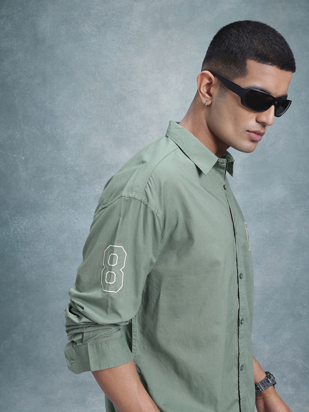 

The Roadster Life Co. Relaxed Fit Embroidered Detail Pure Cotton Casual Shirt, Green