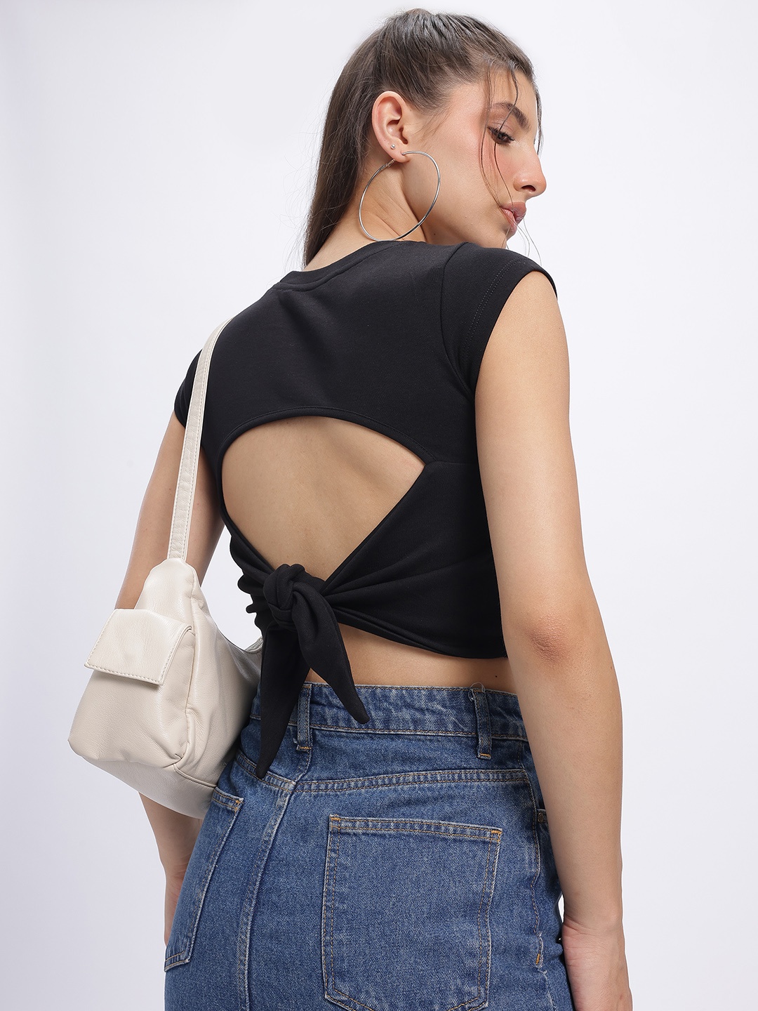 

glitchez Basic Bee Slim Fit Tie-Up Back Crop Top, Black