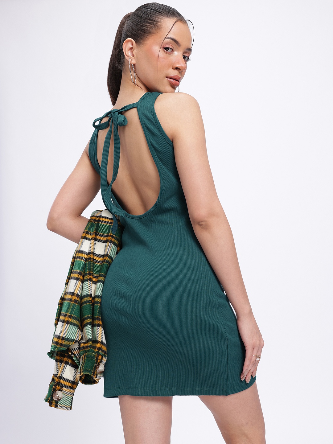 

glitchez Snug Ribs Tie-Up Detail Styled Back Mini Bodycon Dress, Teal