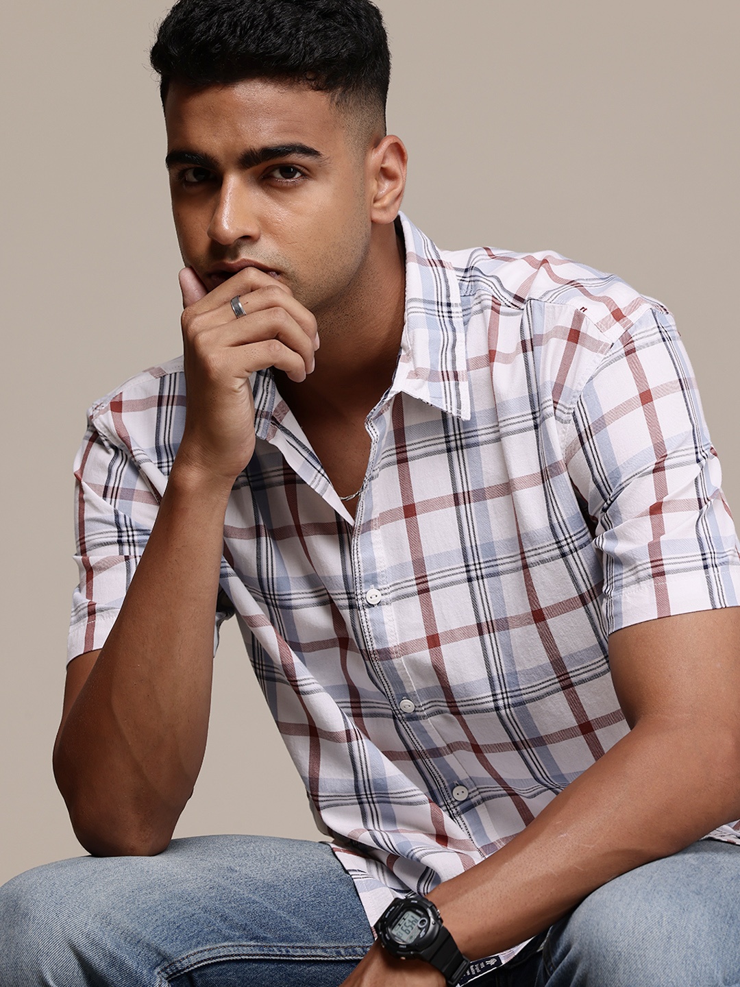 

The Roadster Life Co. Pure Cotton Checked Drop-Shoulder Sleeves Relaxed Fit Casual Shirt, White