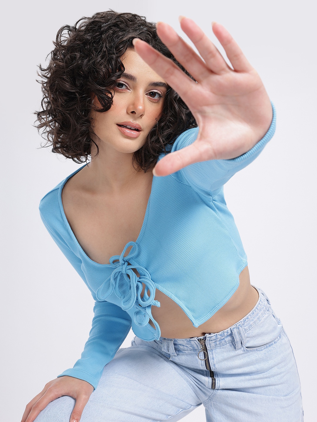 

glitchez Immaculate Ribs Crop Front-Open Top with Tie-Ups, Blue