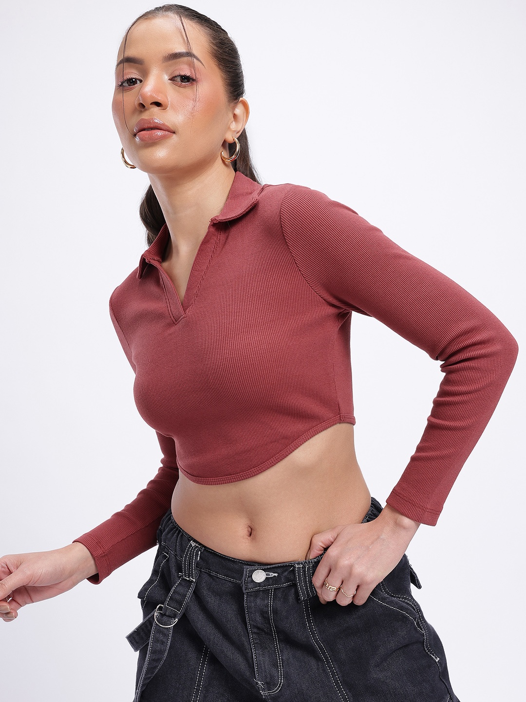 

glitchez Refined Knits Ribbed Slim Fit Crop Top, Rust