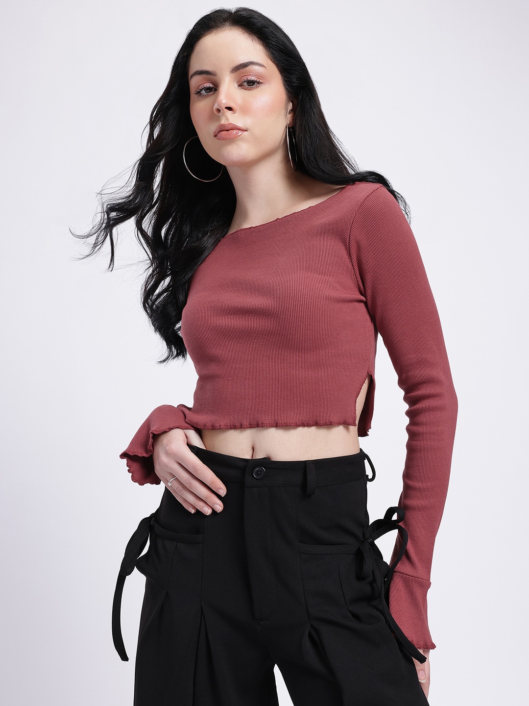 

glitchez Romanticize The Ribs Slit Detail Bell Sleeves Crop Top, Maroon