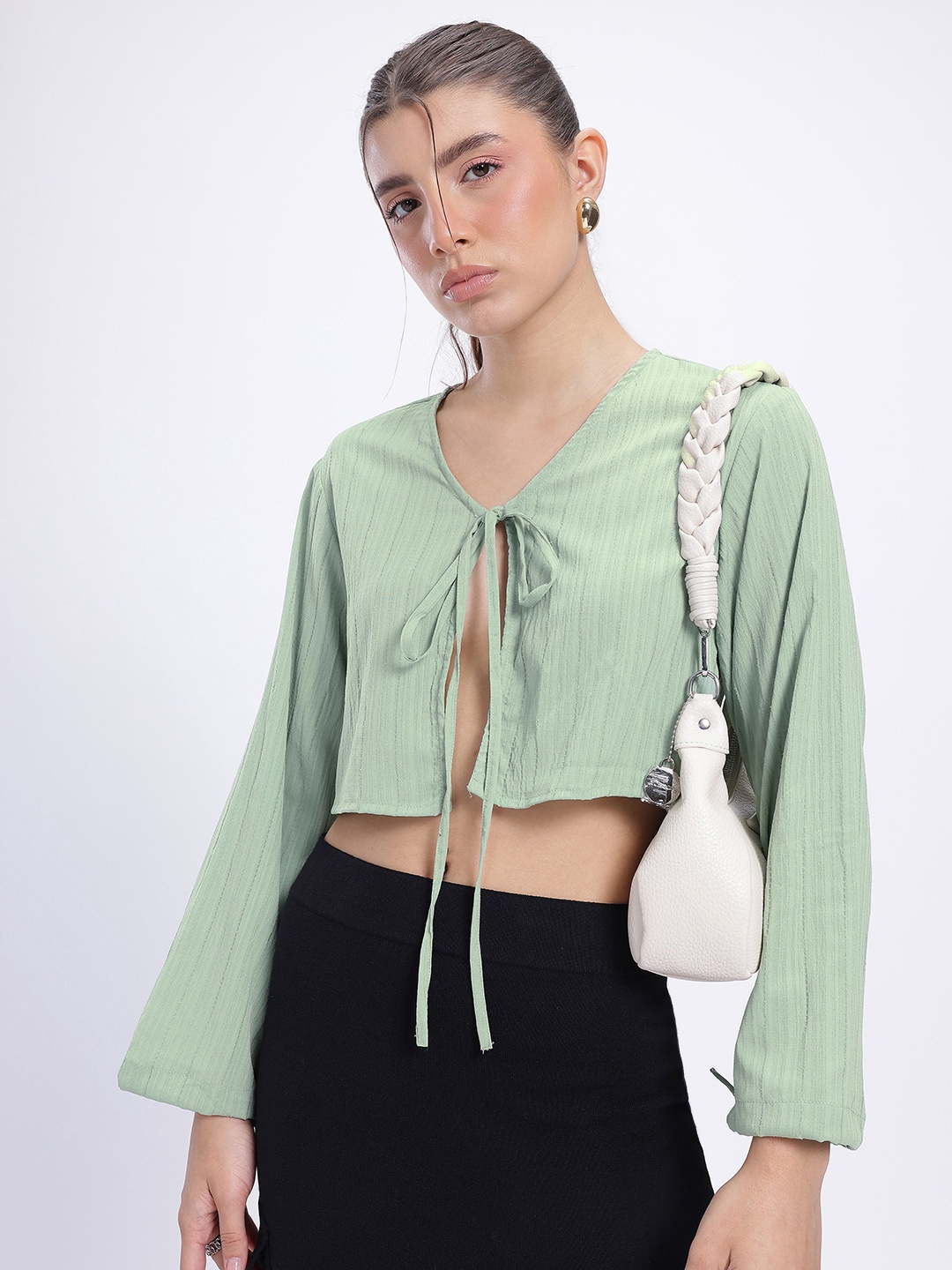 

glitchez Crinkled Charm Front Tie-Up Top, Green
