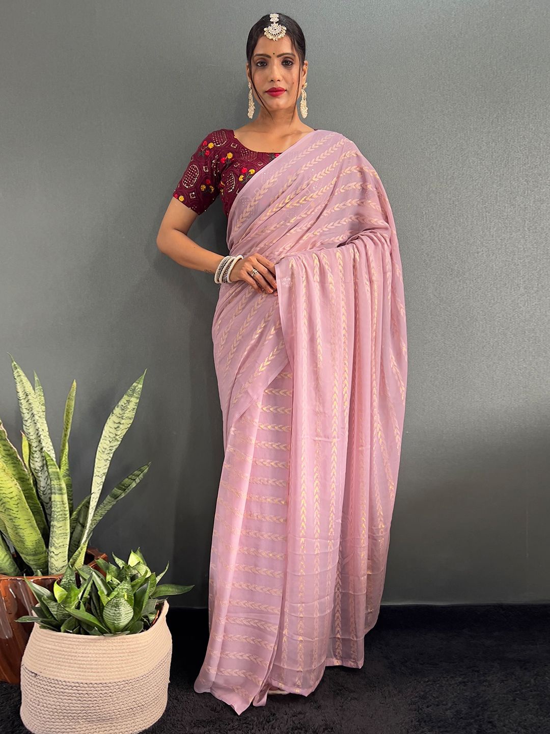 

Panzora Chiffon Striped Woven Design Saree, Pink