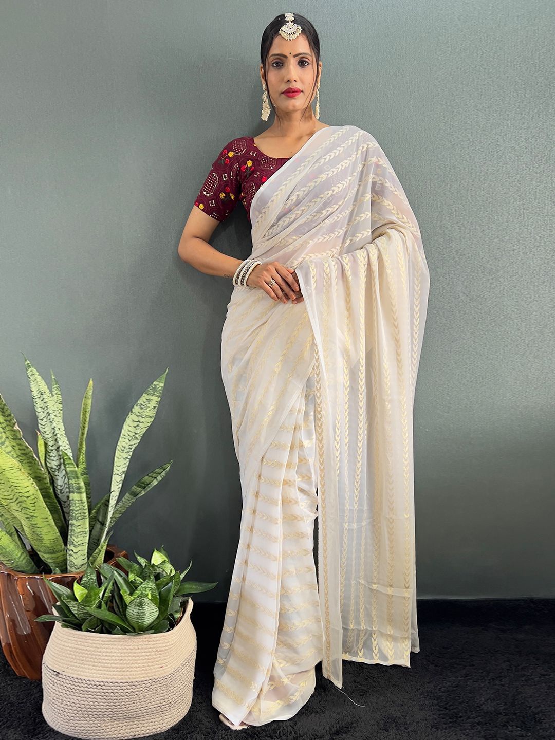 

Panzora Chiffon Striped Woven Design Saree, White