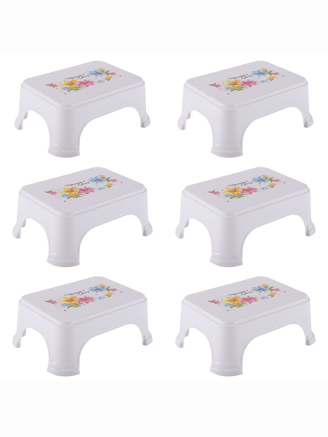 

Kuber Industries 6-Pcs White & Yellow Printed Strong Durable Bathroom Stools