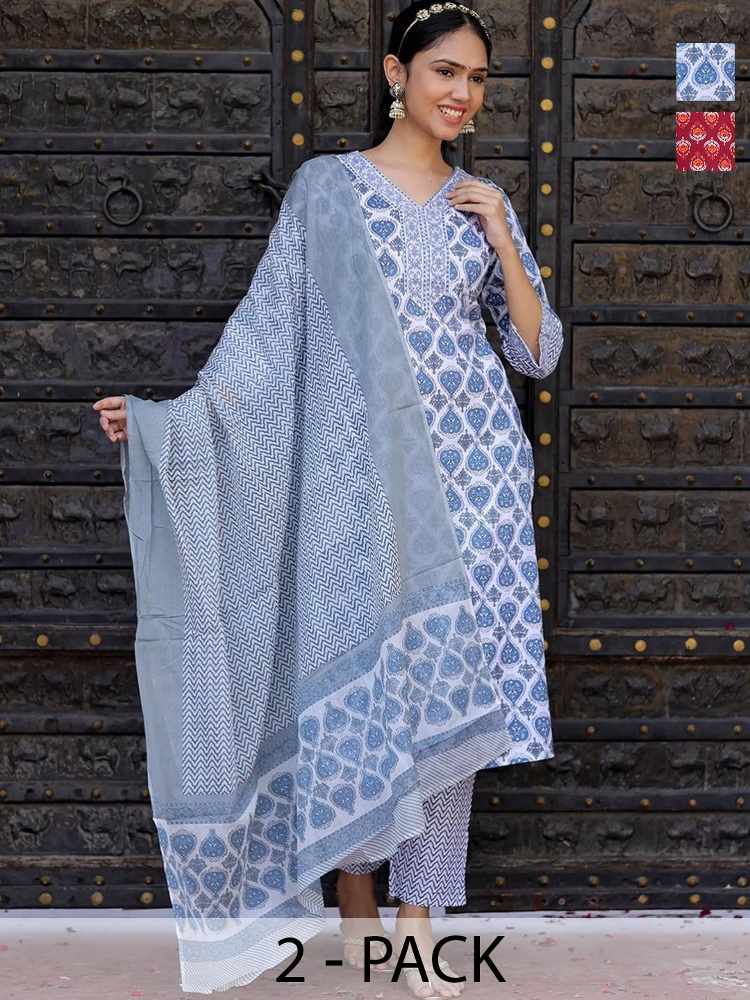 

KALINI Ethnic Motifs Printed Regular Kurta with Trousers & Dupatta, Blue