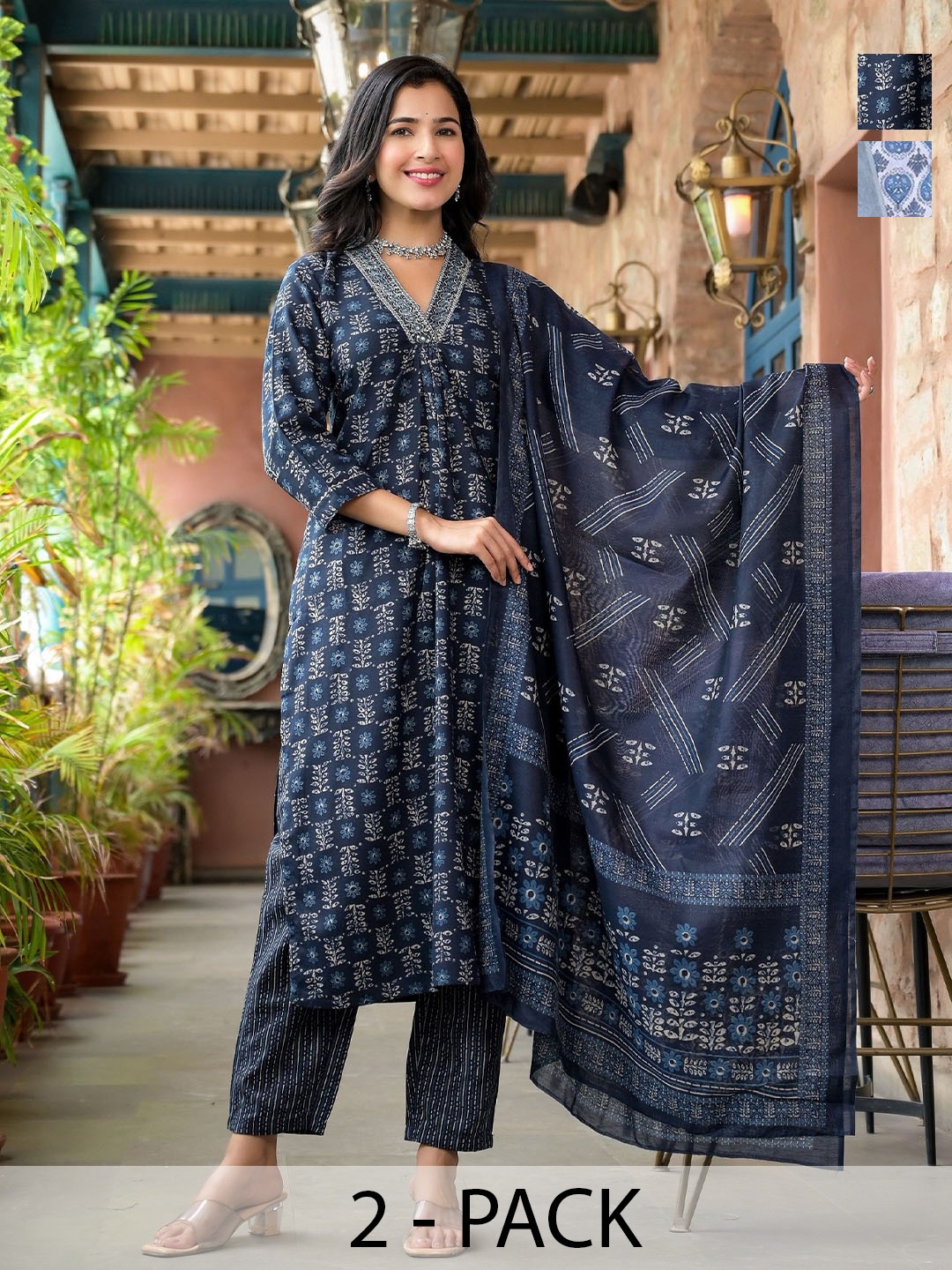 

KALINI Women Floral Printed Regular Kurta with Trousers & With Dupatta, Blue