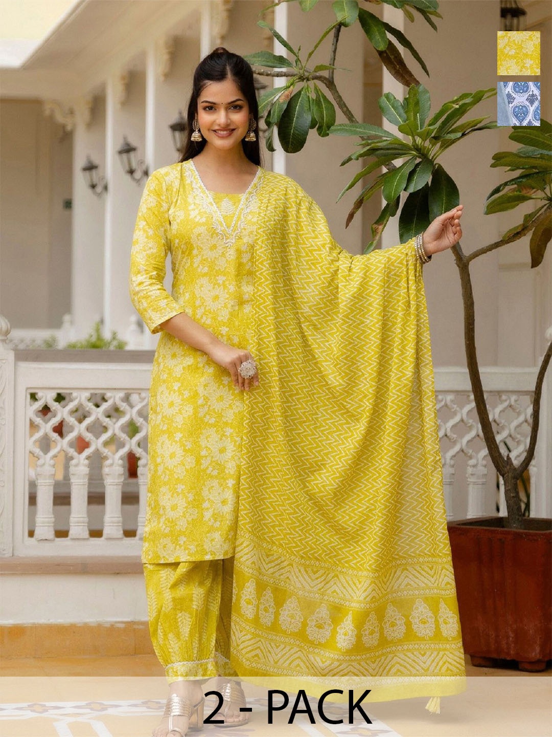 

KALINI Women Floral Printed Regular Kurta with Trousers & With Dupatta, Blue