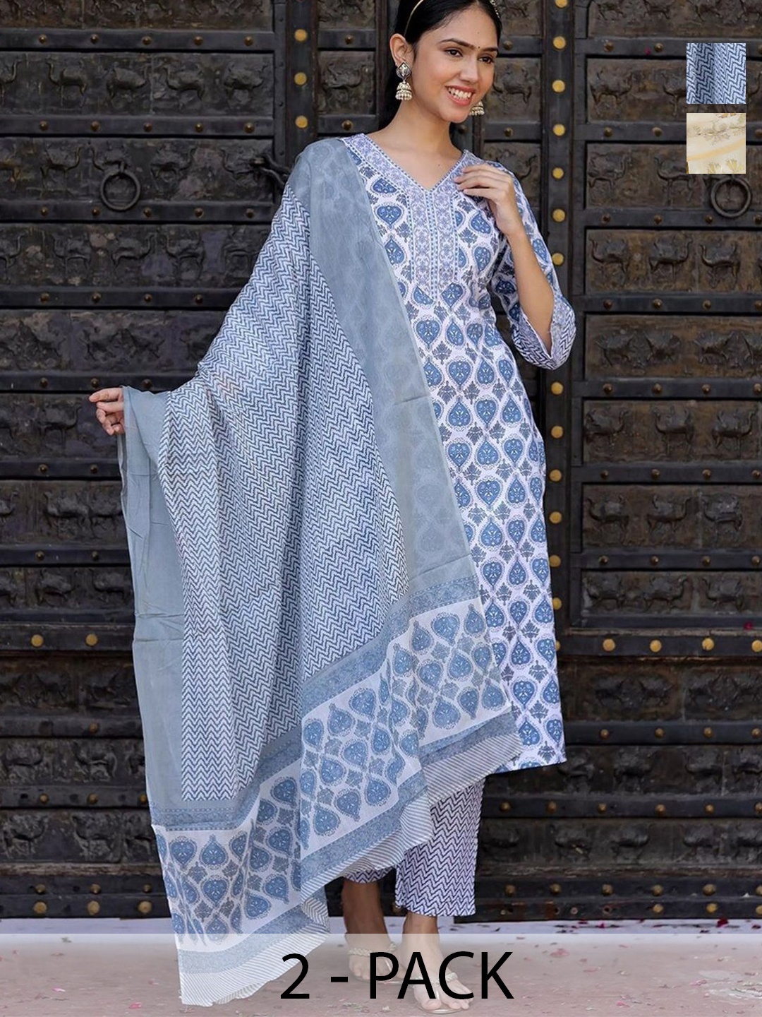 

KALINI Women Floral Printed Regular Kurta with Trousers & With Dupatta, Blue