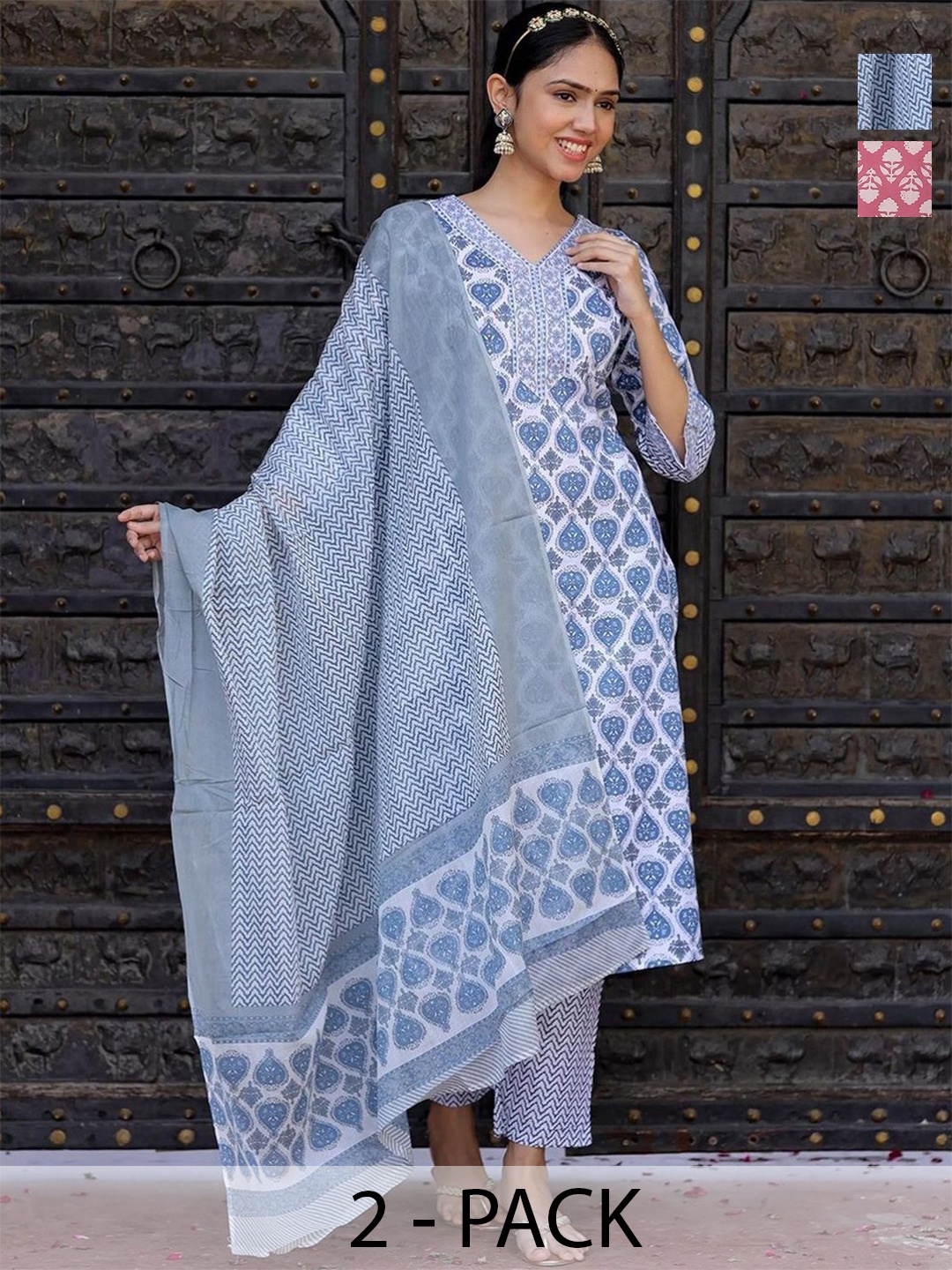 

KALINI Women Floral Printed Regular Kurta with Trousers & With Dupatta, Blue