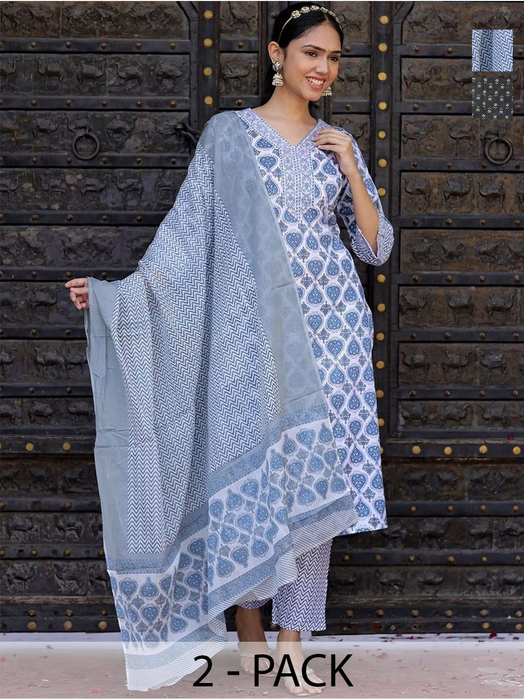 

KALINI Women Ethnic Motifs Printed Regular Kurta with Trousers & With Dupatta, Blue