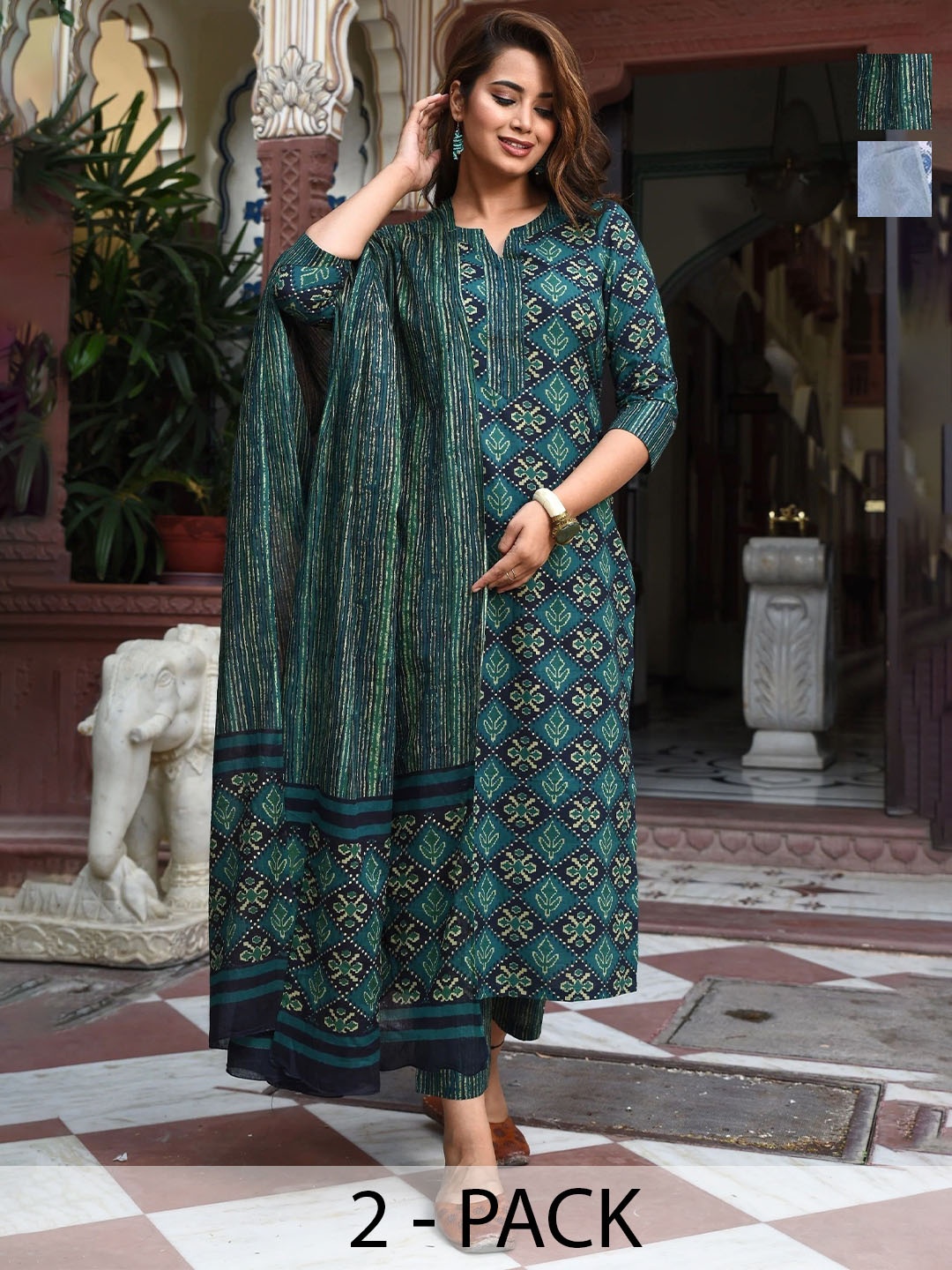 

KALINI Women Floral Printed Regular Kurta with Trousers & With Dupatta, Blue