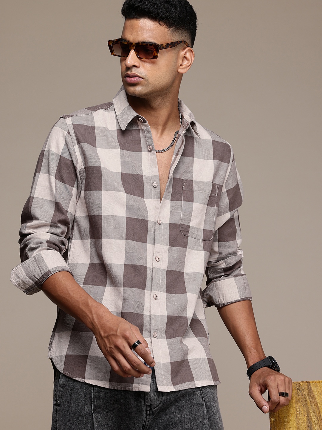 

The Roadster Life Co. Checked Pure Cotton Casual Shirt, Taupe