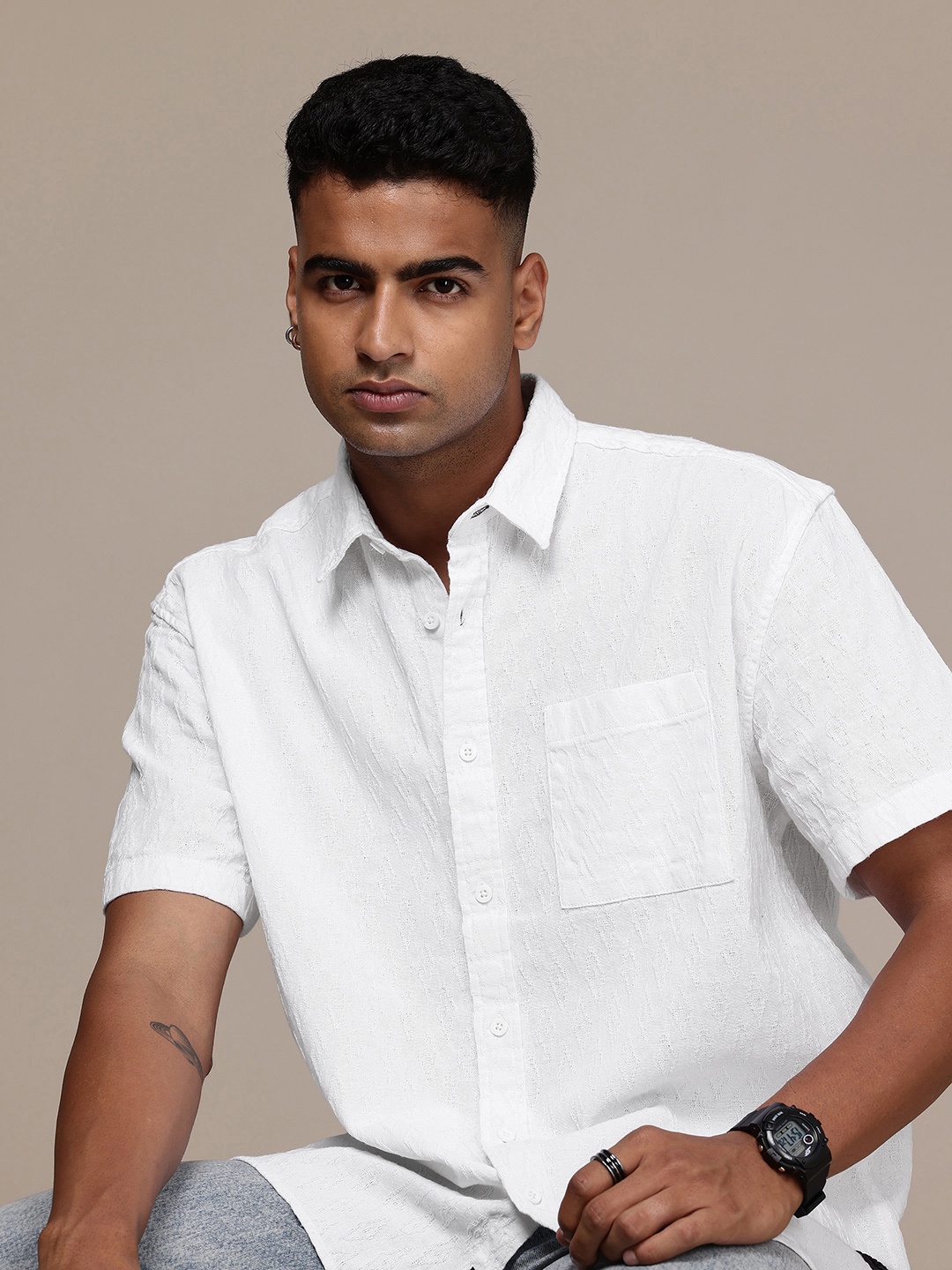 

The Roadster Life Co. Geometric Self Designed Pure Cotton Casual Shirt, White