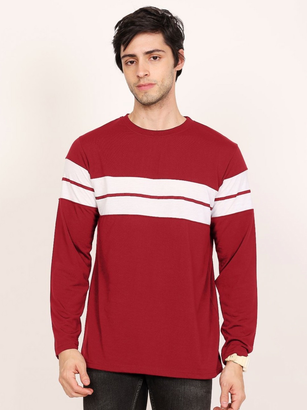 

Leotude Men Colourblocked Round Neck Cotton T-shirt, Maroon