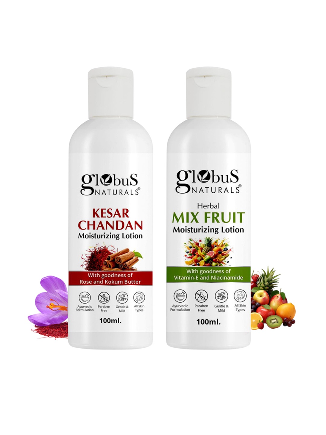 

Globus naturals Set Of 2 Kesar Chandan & Mix Fruit Moisturizing Body Lotion - 100 ml Each, White