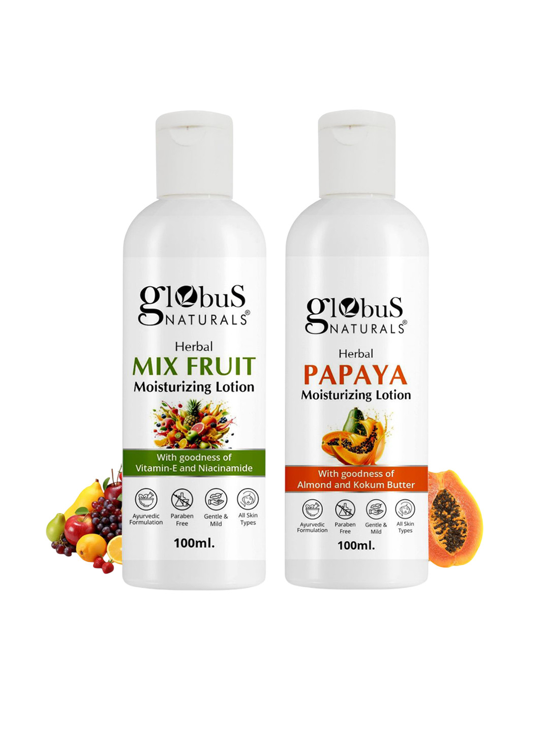 

Globus naturals Set Of 2 Papaya & Mix Fruit Moisturizing Body Lotion - 100 ml Each, White