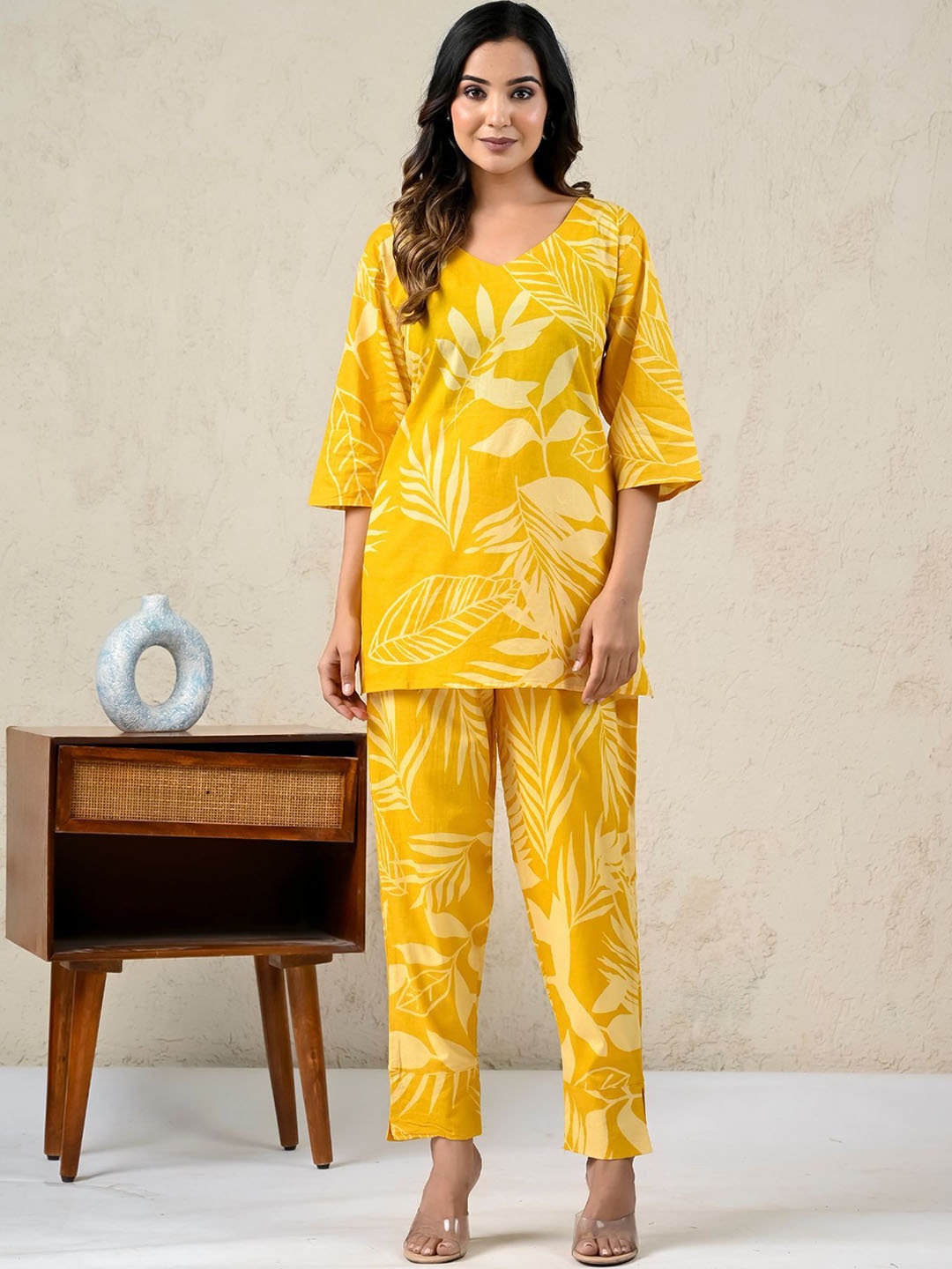 

ANSEE by Addery Women Floral Printed Pure Cotton Co-Ord Set, Yellow