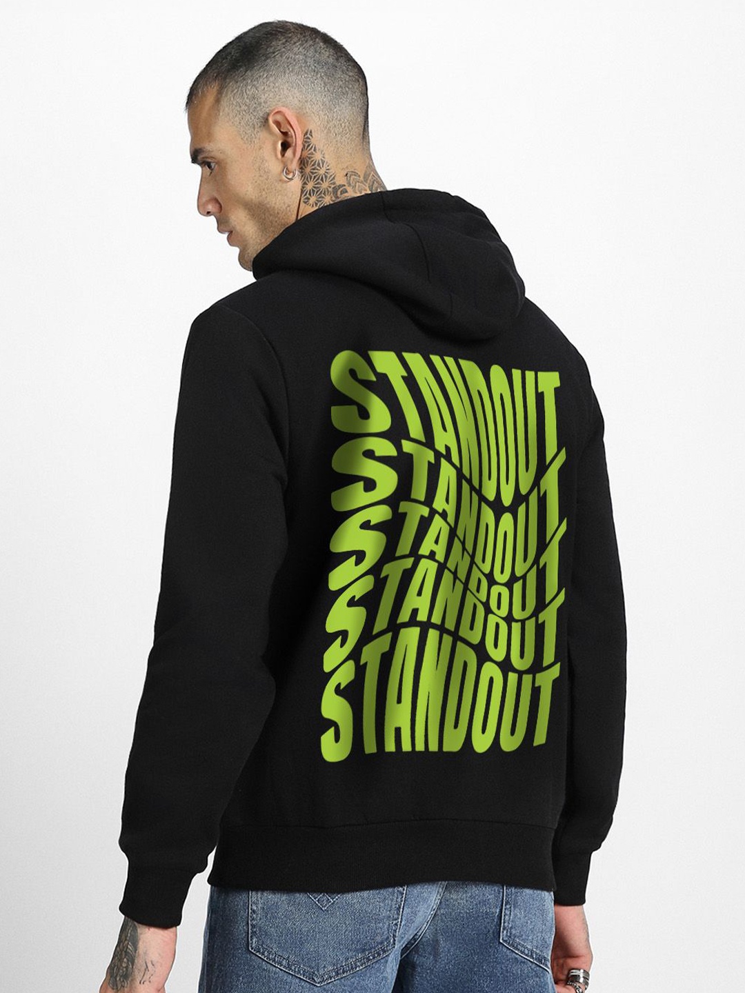 

VEIRDO Men Printed Hooded Pullover Sweatshirt, Black