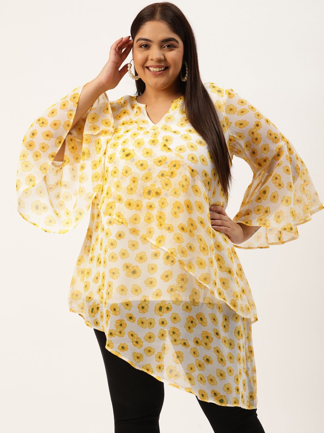 theRebelinme Women Plus Size Floral Printed Bell Sleeve Layered Longline Top, Yellow