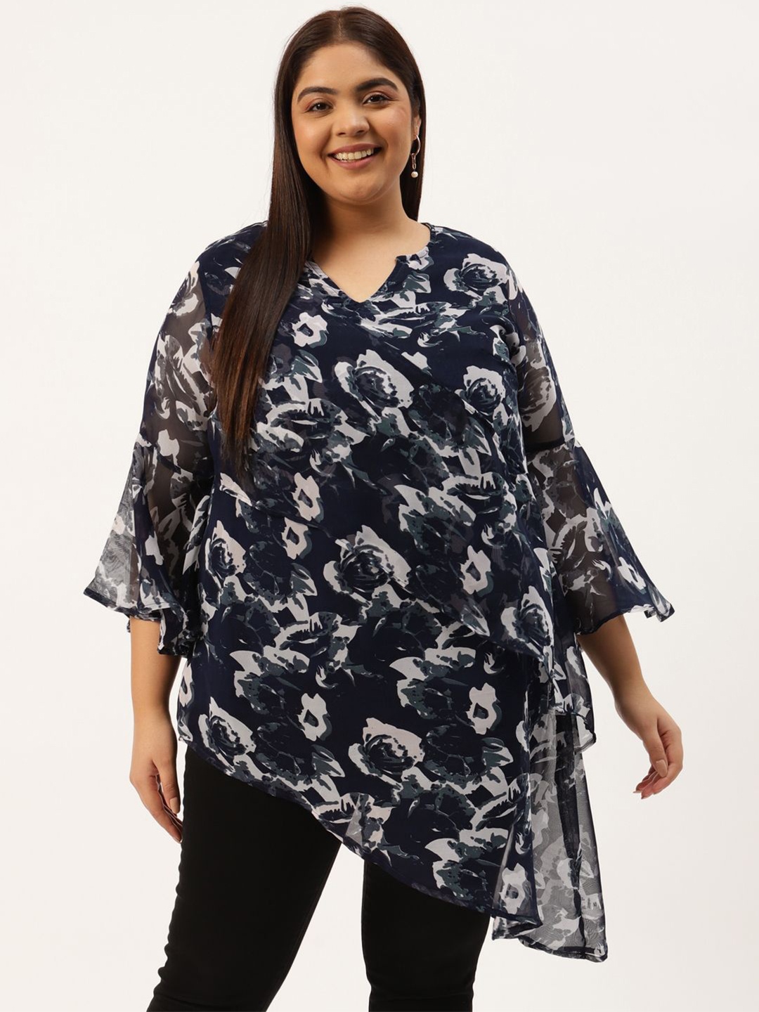 theRebelinme Women Floral Print Bell Sleeve Georgette Longline Top, Navy blue
