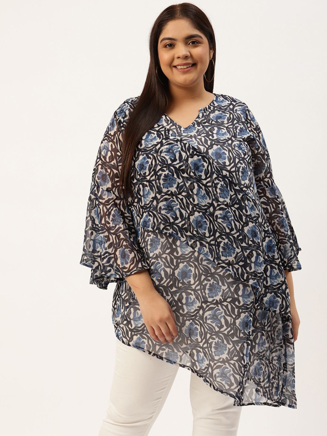 

theRebelinme Women Plus Size Floral Printed Bell Sleeves Longline Top, Blue