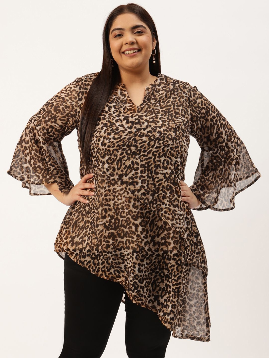 

theRebelinme Women Plus Size Animal Printed Bell Sleeve Longline Top, Black